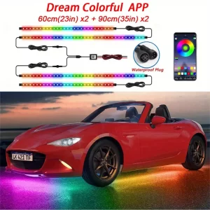 KIEND Underglow LED Light Kit 4pcs, App Controlled Car Neon Accent Strip Lights with 16 Million Colors, Music Sync, Waterproof, 12V Room Electrical for Vehicle Decoration